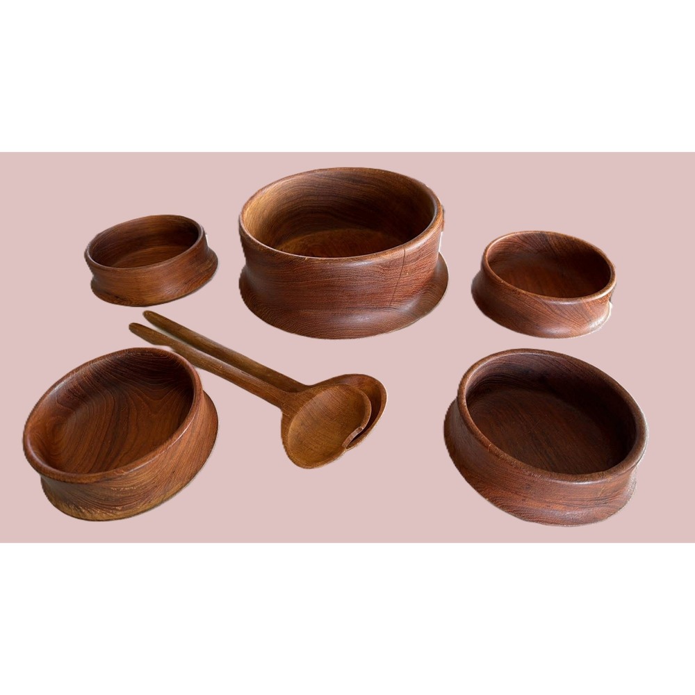Vintage Salad Bowl Set MCM Wood Scandinavian Decor 9pc